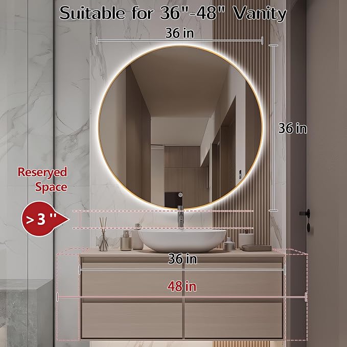 Niccy Round LED Bathroom Mirrors, Gold Framed Backlit Vanity Mirror, 36" | LED Smart Circle Mirror with 3 Color Lighting, Anti-Fog Lighted, IP65 Waterproof, Wall Mounted Bathroom Vanity