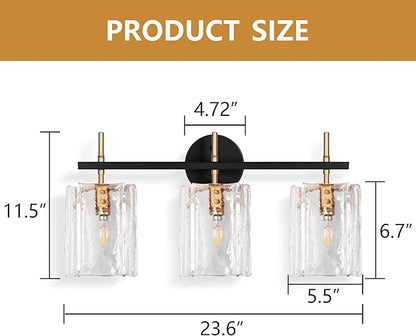 3-Light Bathroom Vanity Lights Over Mirror, Black and Gold Bathroom Light Fixture with Clear Glass Shade, Modern Bathroom Wall Sconce Lighting for Mirror, Living Room, Adjustable (E12)