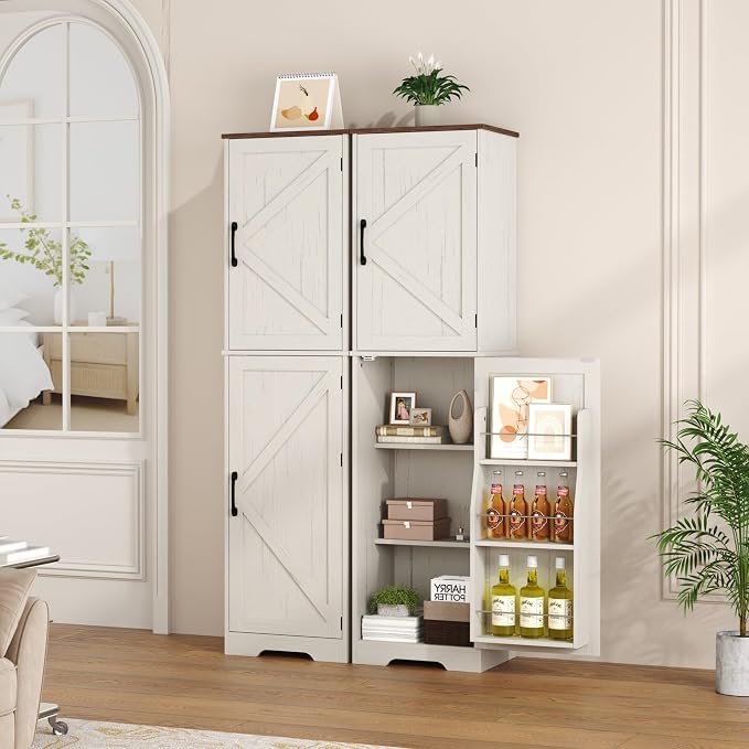 Function Home Farmhouse Kitchen Pantry Cabinet, 64" Tall Slim Bathroom Storage Cabinet, 5 Tier Wooden Floor Cabinets with Barn Doors and Adjustable Shelves for Dining Room Living Room, Antique White