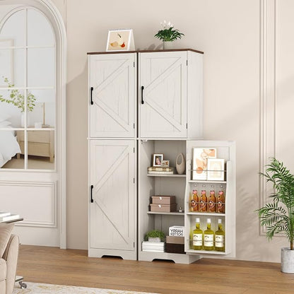 Function Home Farmhouse Kitchen Pantry Cabinet, 64" Tall Slim Bathroom Storage Cabinet, 5 Tier Wooden Floor Cabinets with Barn Doors and Adjustable Shelves for Dining Room Living Room, Antique White