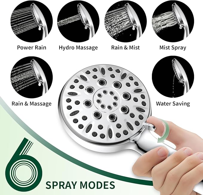 Handheld Shower Head, 6 Spray Modes High Pressure Showerhead, Chrome Finish | 59 Inch Stainless Steel Hose & Adjustable Shower Bracket, Anti-clog Nozzles, Easy Installation