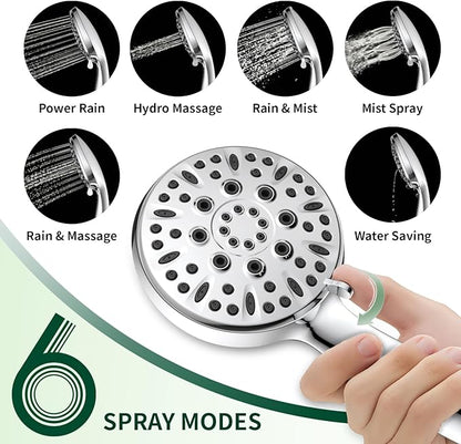 Handheld Shower Head, 6 Spray Modes High Pressure Showerhead, Chrome Finish | 59 Inch Stainless Steel Hose & Adjustable Shower Bracket, Anti-clog Nozzles, Easy Installation
