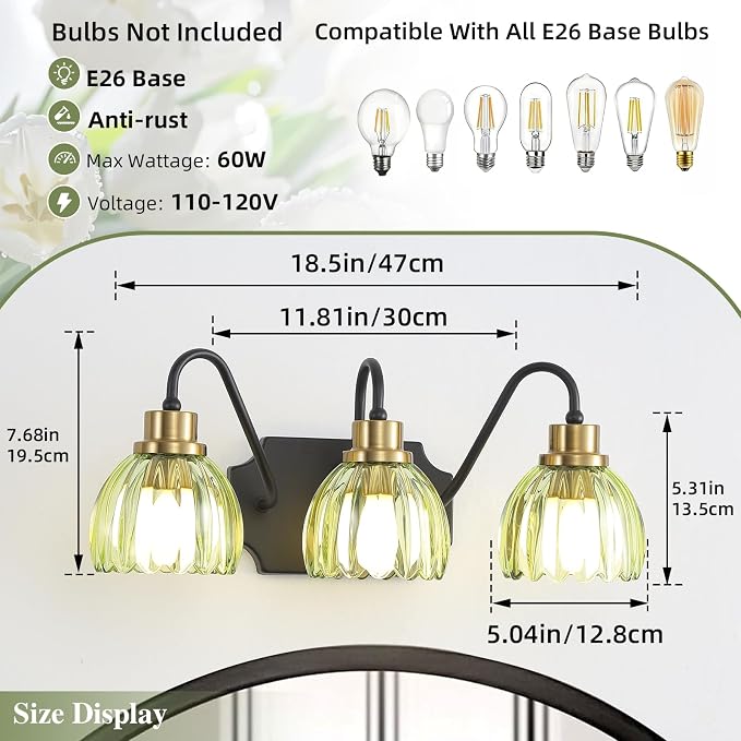 3-Light Bathroom Vanity Light, Black Vanity Light, Vintage Black Finish Wall Mount Sconces with Tulip Glass Shade, Mid Century Hardwired Wall Sconces for Bedroom, Living Room, Hallway