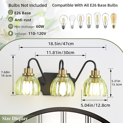 3-Light Bathroom Vanity Light, Black Vanity Light, Vintage Black Finish Wall Mount Sconces with Tulip Glass Shade, Mid Century Hardwired Wall Sconces for Bedroom, Living Room, Hallway