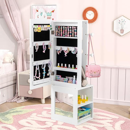 CHARMAID Kids Jewelry Cabinet Armoire, 47" Full Length Mirror, Coat Rack, Back Storage Shelves, Standing Vanity Dressing Mirror for Girls, Kids Jewelry Organizer (White)
