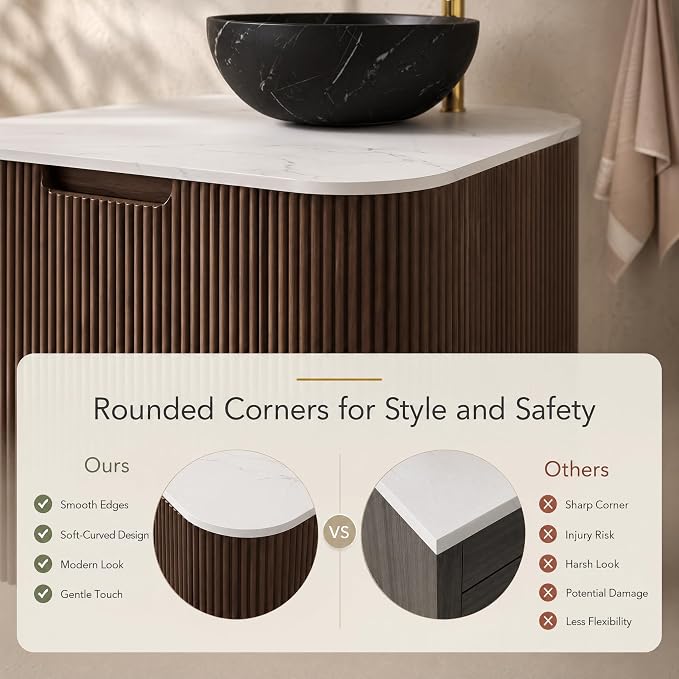 24 Inch Bathroom Vanity with Sink, Floating Wall Mounted Single Sink Vanity for Small Baths, Dark Walnut Curved Fluted Front, Stone Top, Black Marble Vessel Basin, Pre-Assembled