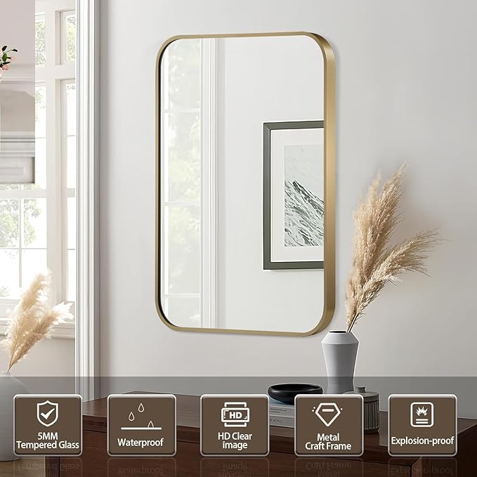 Gold Mirror, 24x32 Inch Gold Rectangle Mirror, Aluminum Alloy Framed Vanity Mirror, Rounded Rectangle Bathroom Mirror for Over Sink, Anti-Rust Wall Mirror (Horizontally or Vertically)
