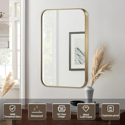 Gold Mirror, 24x32 Inch Gold Rectangle Mirror, Aluminum Alloy Framed Vanity Mirror, Rounded Rectangle Bathroom Mirror for Over Sink, Anti-Rust Wall Mirror (Horizontally or Vertically)