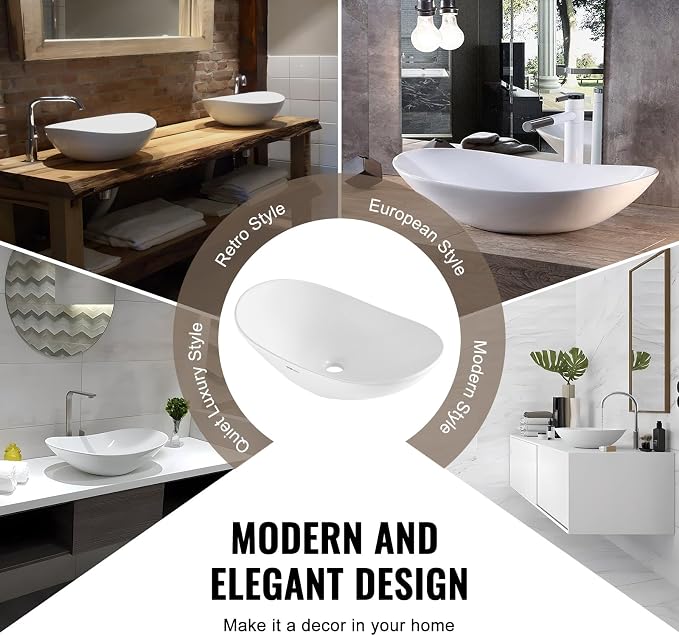 VEVOR Oval Vessel Sink with Bathroom Sink Drain, 23.3" x 14.2" Bathroom Vessel Sink Bowl Countertop, White Ceramic Bathroom Sinks Above Counter,Well-Packaged for Bathroom, Hotel, Toilet, RV