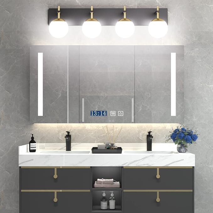 Ralbay Mid Century Modern Vanity Lights - 4-Light Milky Glass Globe Modern Bathroom Vanity Lights Over Mirror, Black/Golden Bathroom Wall Light Fixture