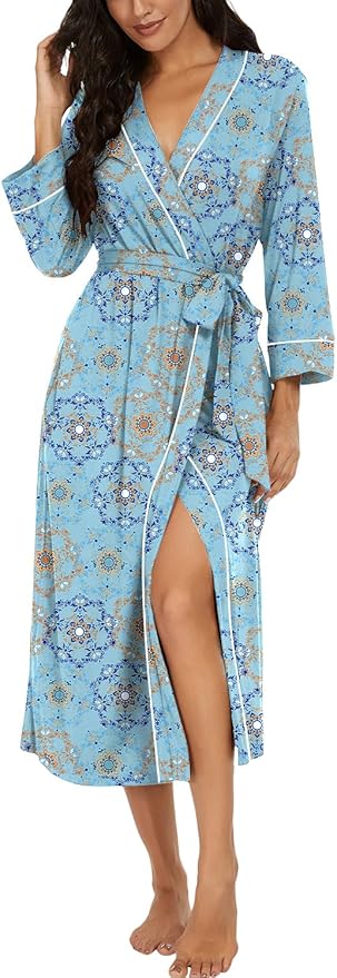 PrinStory Robes for Women 3/4 Sleeve Long Bath Robe XS-4XL | V-Neck Knit Bathrobe with Pockets, Lightweight, Soft, Breathable Robes for Shower, Spa, Travel, Home, Party, Nursing