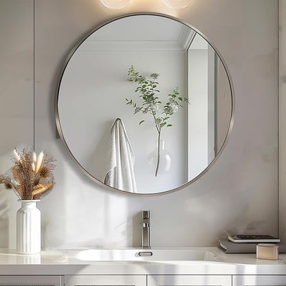 18 inch Round Mirror, Round Wall Mirror, Brushed Silver Metal Frame | Durable, Rust-resistant, High Definition Mirror, Easy Installation, Suitable for Vanity, Nursery, Bedroom, Bathroom