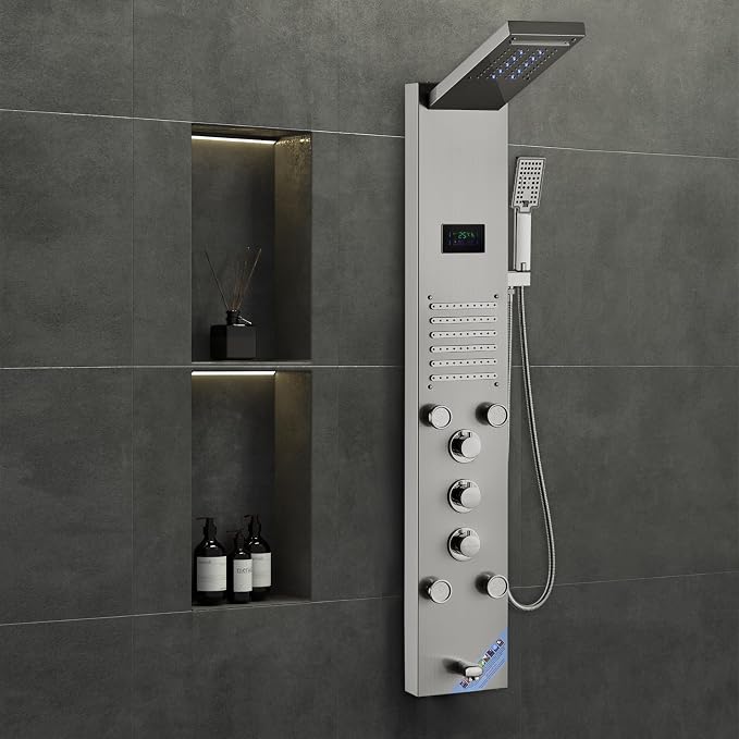VEVOR Shower Panel Tower System, 6 Shower Modes, LED & Screen Hydroelectricity Shower Panel, Rainfall, Waterfall, 5 Massage Jets, Tub Spout, Handheld Shower, Stainless Steel Wall-Mounted Shower Set