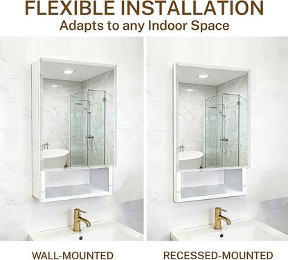 16x26 inch Bathroom Medicine Cabinet with Mirror, Platstic Framed Beveled Edge Mirror Cabinet with Removable Shelves, Extra Storage Space, Recessed or Surface Mount