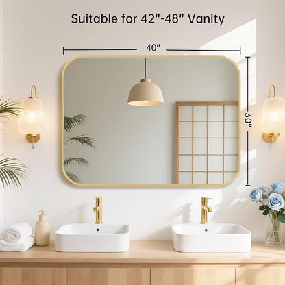 40x30 Inch Gold Bathroom Mirror, Brushed Brass Gold Metal Framed Rectangular Mirror with Rounded Corner, Bathroom Vanity Mirror for Bedroom or Living Room, Horizontal/Vertical