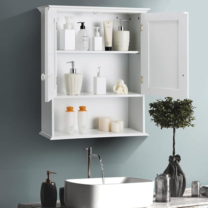 COSTWAY Wall Mounted Bathroom Cabinet, Over The Toilet Storage Cabinet w/Double Doors & Adjustable Shelf, Wood Hanging Medicine Cabinet for Living Room, Entryway, Kitchen (White) | Double Doors & Adjustable Shelf, Wood Hanging Medicine Cabinet for Livi...