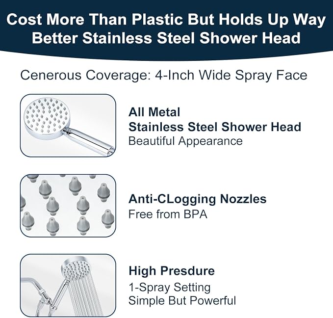 All Metal Shower Head with Handheld; Flexible Long Hose High Pressure Spray | 1 Setting Stainless Steel Shower-Head, Solid Hand Held Showerhead Sprayer Holder with Wide-Angle Adjustment, Premium Chrome