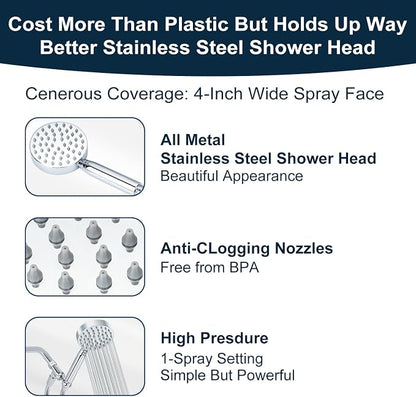 All Metal Shower Head with Handheld; Flexible Long Hose High Pressure Spray | 1 Setting Stainless Steel Shower-Head, Solid Hand Held Showerhead Sprayer Holder with Wide-Angle Adjustment, Premium Chrome
