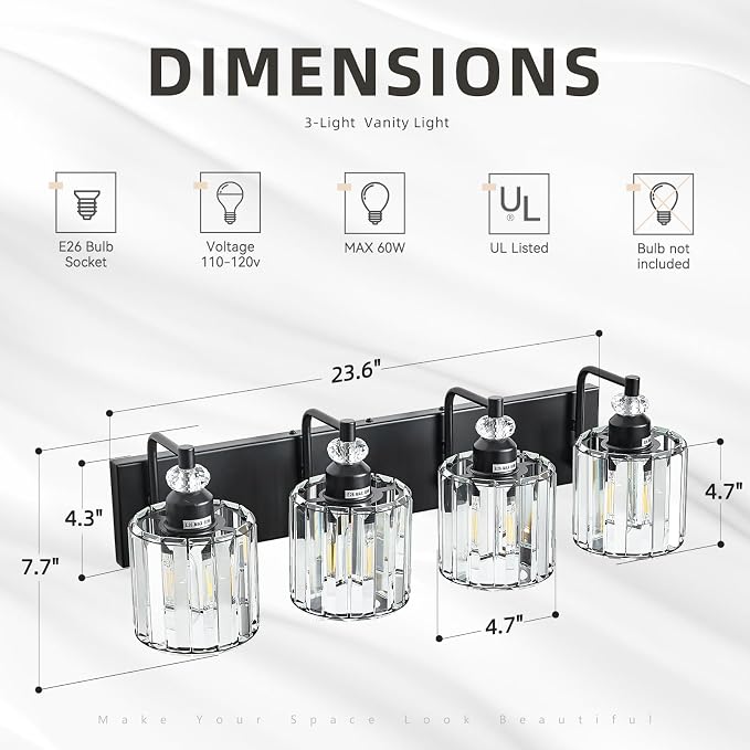 4-Light Black Bathroom Light Fixtures Over Mirror Modern Vanity Lights Crystal Wall Sconce Vintage Bathroom Lighting with Crystal Shade E26 Base for Bedroom, Living Room, Hallway