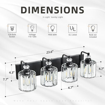 4-Light Black Bathroom Light Fixtures Over Mirror Modern Vanity Lights Crystal Wall Sconce Vintage Bathroom Lighting with Crystal Shade E26 Base for Bedroom, Living Room, Hallway