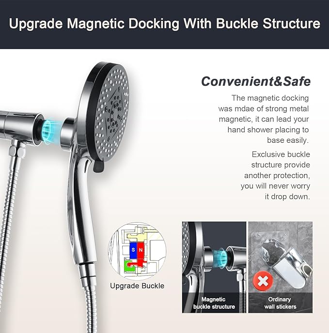 Filtered Magnetic Shower Head with Handheld Chrome | High Pressure 9Setting Handheld Shower Head,Magnetic Bracket,59 Inches Stainless Steel Shower Hose,Filter Element