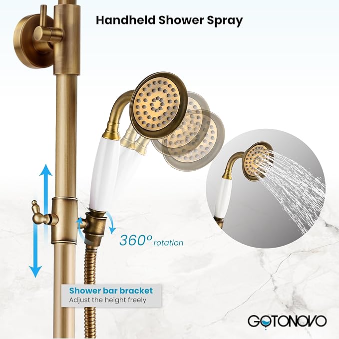 gotonovo Antique Brass Exposed Bathroom Shower Faucet with Shower Shelf 8 inch Rain Shower Head Double Cross Handle With Adjustable Handheld Sprayer Shower Shower System 2 Functions Wall Mounted