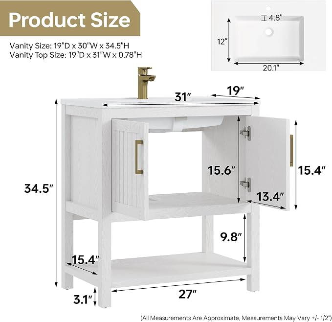 30 Inch Modern Bathroom Vanity with Sink, White | Freestanding Vanity Cabinet with Soft-Close Door, Open Storage Shelf, Gold Handles & Adjustable Feet