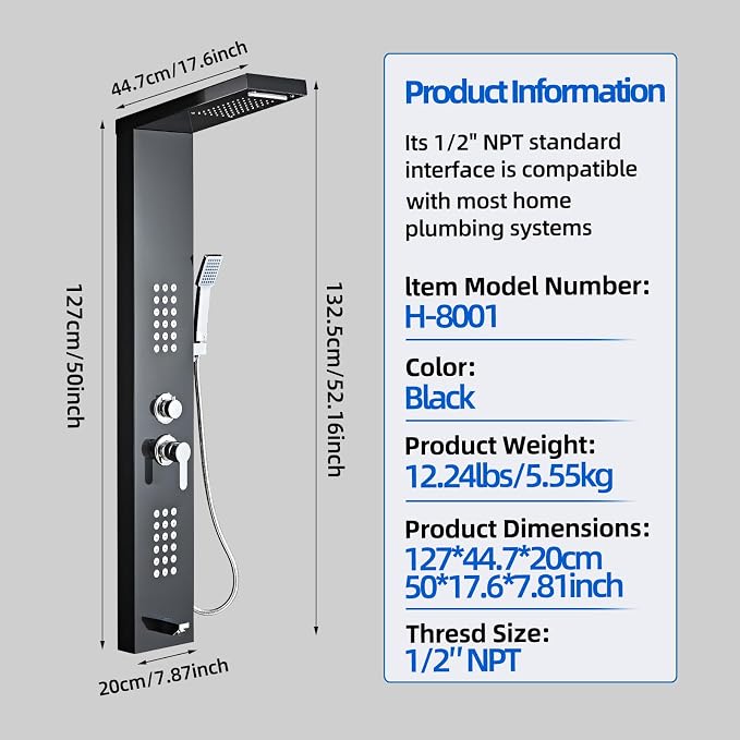5-in-1 Shower Panel Tower System - Brushed Black | 304 stainless steel Shower Panel Tower Column with Powerful Body Jets, Rainfall, Waterfall,Handheld and Tub Spout