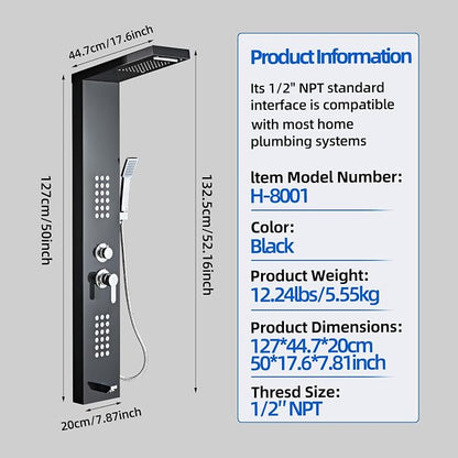 5-in-1 Shower Panel Tower System - Brushed Black | 304 stainless steel Shower Panel Tower Column with Powerful Body Jets, Rainfall, Waterfall,Handheld and Tub Spout