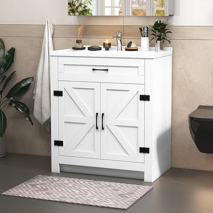 30.9 inch Bathroom Sink Vanity Combo, Small Freestanding Single Bath Vanity Sink Set with 2 Doors, White Single Basin Bathroom Storage Cabinet