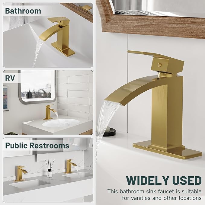 Brushed Gold Waterfall Bathroom Faucet for 1 or 3 Holes, Brass | Single Handle Bathroom Sink Faucets for Lavatory Commercial Vanity, Basin Taps with Deck Plate, Pop Up Drain and Supply Line