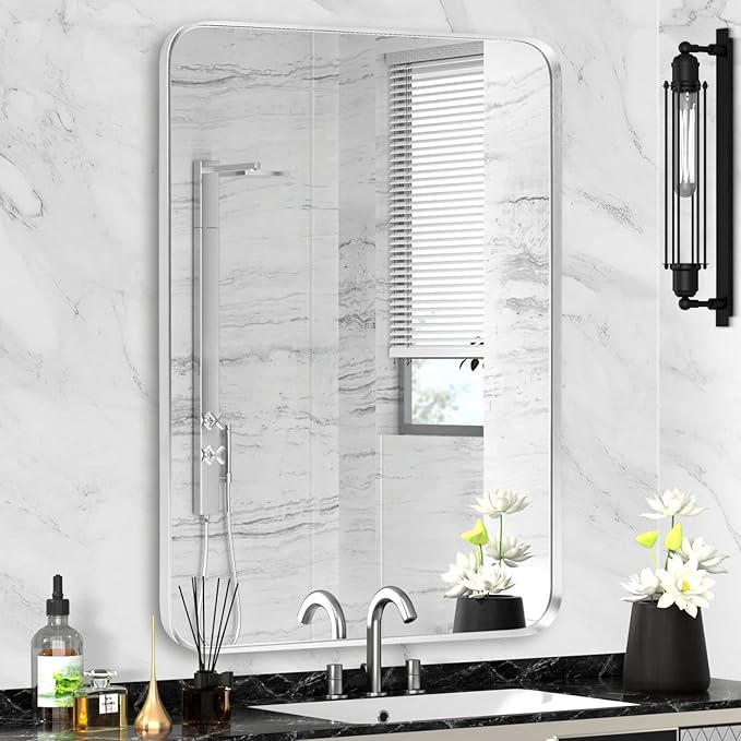 Silver Bathroom Mirror 24x32in, Metal Framed Rounded Rectangle | Tempered Glass, Shatter Proof, Anti-Rust Frame, Hangs Horizontal or Vertical