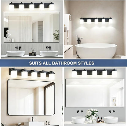 Bathroom Light Fixtures, Farmhouse Vanity Lights for Bathroom | 5-light black modern light fixture with milky white square glass shade, 36.5" modern bathroom lighting fixtures over mirror