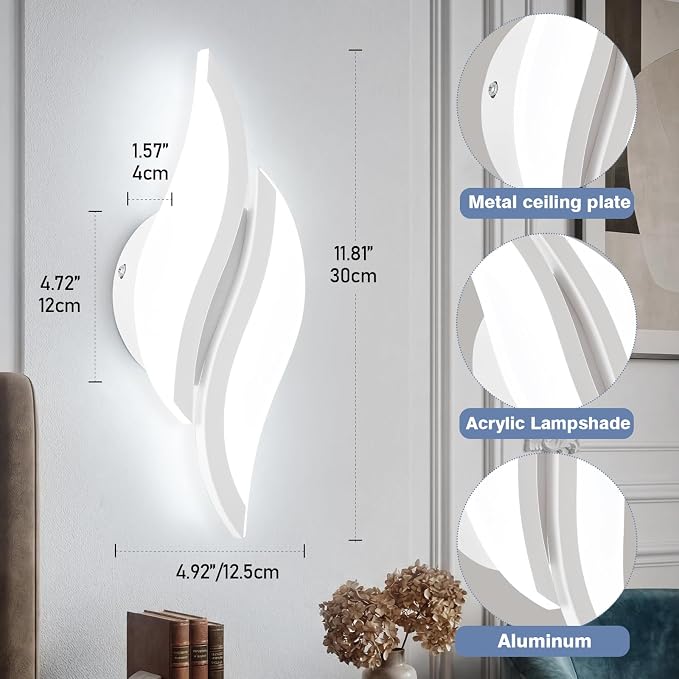 CANEOE Modern LED Wall Sconce 6000K White Indoor Wall Light Fixtures Acrylic Wall Sconce Lighting for Living Room Bedroom Bedside Bathroom Hallway Stairway Wall Lamp (White, 1 Pack,6000K)