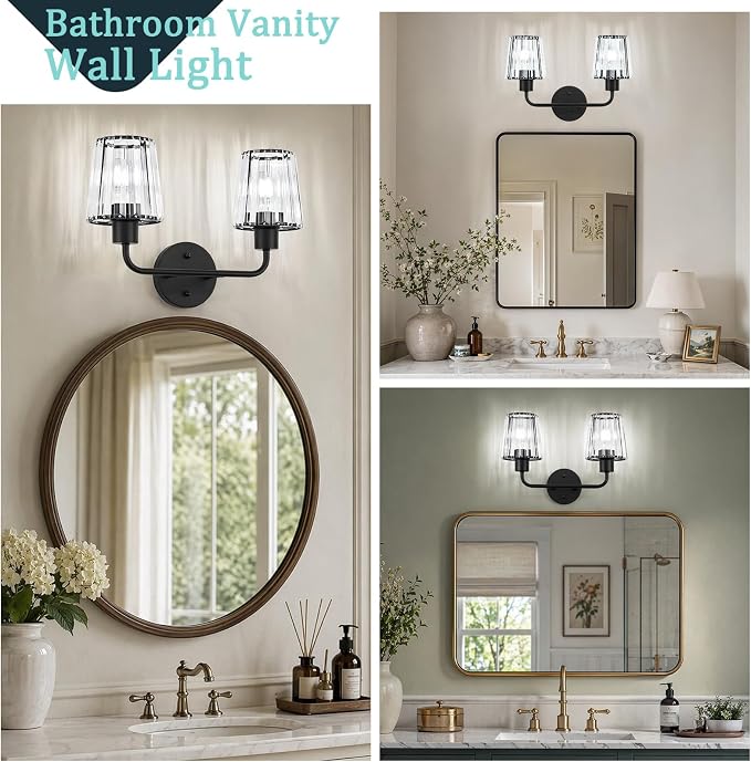 Black Vanity Lights, 2-Light Crystal Bathroom Light Fixtures | Modern Bathroom Vanity Light E26 Wall Light over Mirror (Exclude Bulb)