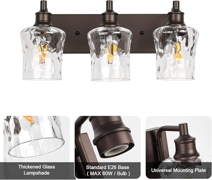 Bathroom Light Fixtures Farmhouse Oil Rubbed Bronze Vanity Lights for Bathroom Lighting Fixtures Over Mirror with Hammered Glass Lampshade for Cabinet Mirror Bedroom Hallway 3 Light