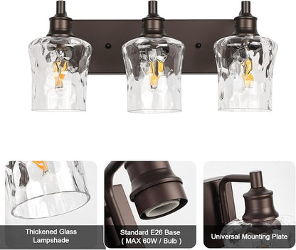 Bathroom Light Fixtures Farmhouse Oil Rubbed Bronze Vanity Lights for Bathroom Lighting Fixtures Over Mirror with Hammered Glass Lampshade for Cabinet Mirror Bedroom Hallway 3 Light