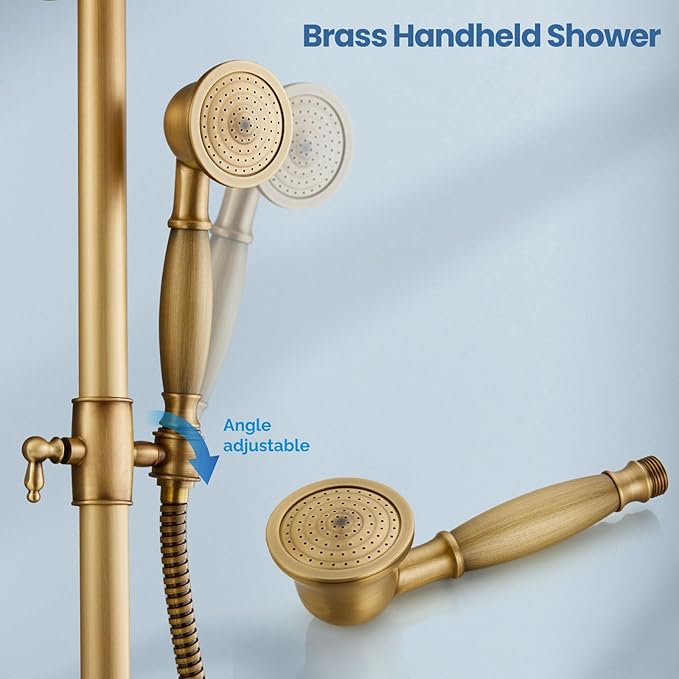 Airuida Exposed Shower System, 8 Inch Rainfall Shower Head with Handheld Spray, Single Handle Wall Mount Shower Faucet Set, Solid Brass Dual Function Exposed Pipe Fixture for Bathroom,Antique Brass