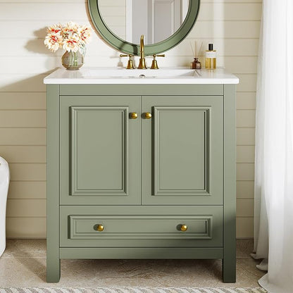 Tribesigns 30" Modern Bathroom Vanity with Sink, Freestanding Bathroom Vanities Cabinet with Ceramic Basin Combo, Bathroom Sink Cabinet with 2 Doors and 1 Drawer, Solid Wooden Frame, Olive Green