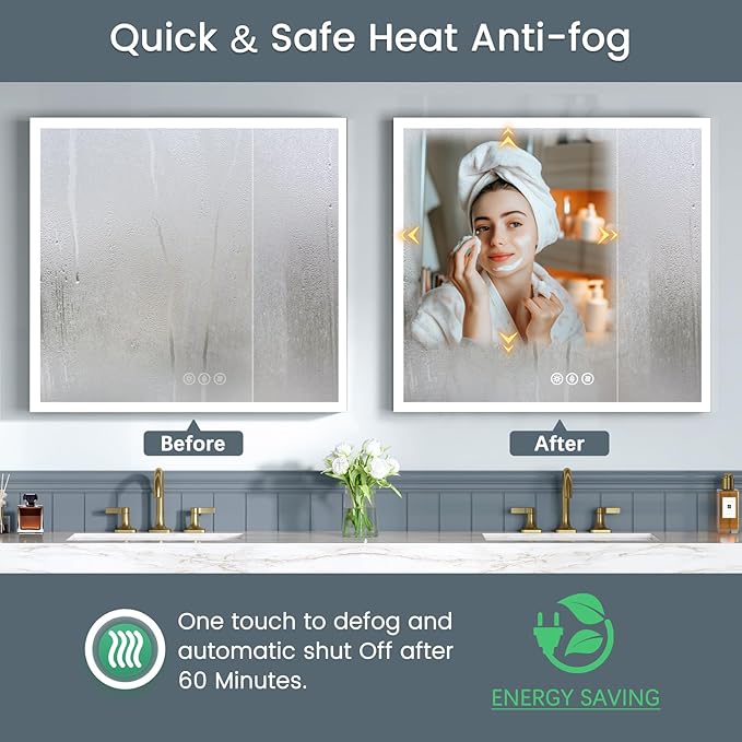 36x30 Inch Lighted Medicine Cabinet with Mirror, AL Alloy Frame, Plug-in or Hardwired, Recessed or Surface Mount, 3 Colors/Dimmable/Interior Sensor Light/Defog,2 Outlets & USBs,3 Shelves