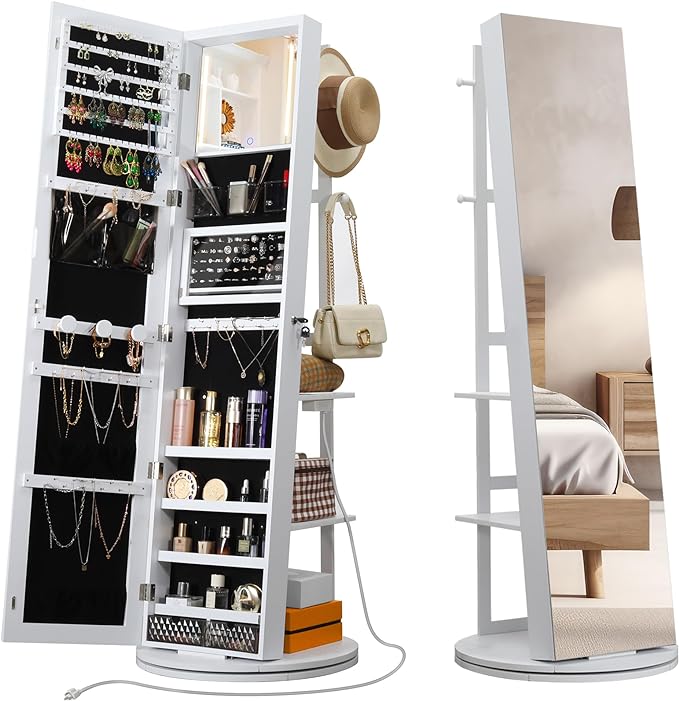 IRONCK 360° Swivel Jewelry Cabinet with Full-Length Mirror, Power Outlet | Lockable Standing Jewelry Organizer with Rear Storage Shelves, Interior Mirror, LED Lights, White