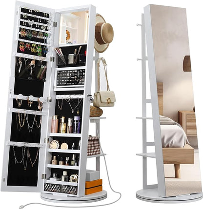 IRONCK 360° Swivel Jewelry Cabinet with Full-Length Mirror, Power Outlet | Lockable Standing Jewelry Organizer with Rear Storage Shelves, Interior Mirror, LED Lights, White