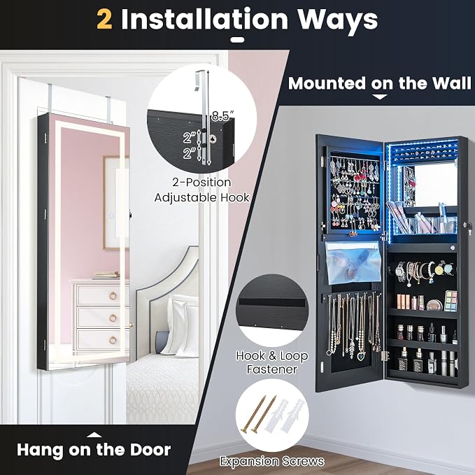 CHARMAID LED Mirror Jewelry Cabinet, Lockable Jewelry Armoire with Adjustable Lighted Full Length Mirror, 3 Lighting Sets, Wall Mounted Door Hanging Jewelry Storage Organizer (Black, 42.5''H)