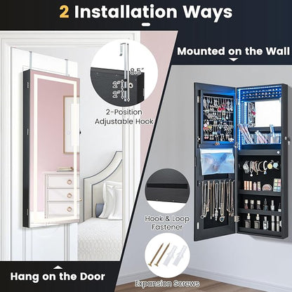 CHARMAID LED Mirror Jewelry Cabinet, Lockable Jewelry Armoire with Adjustable Lighted Full Length Mirror, 3 Lighting Sets, Wall Mounted Door Hanging Jewelry Storage Organizer (Black, 42.5''H)
