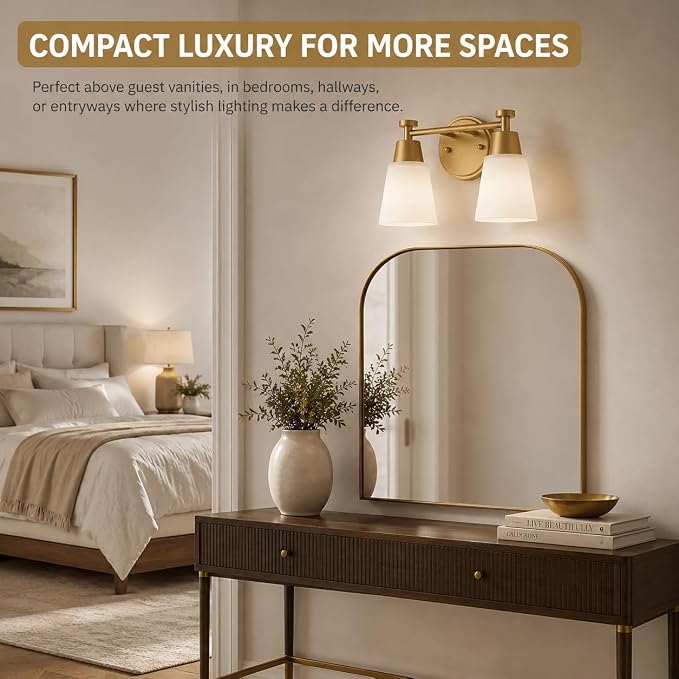 2 Light BathroomVanity Lights, Brushed Gold Wall Sconce Light with Frosted Glass, Bathroom Over Mirror Light Fixtures for Living Room, Bedroom, Hallway