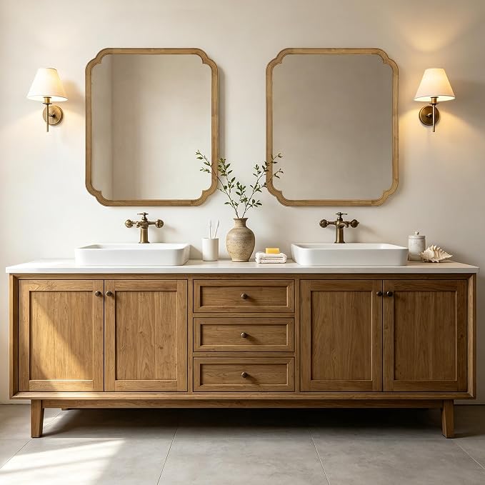 30" x 36" Wood Bathroom Mirror for Wall Mounted, Rustic Rounded Corner Wood Frame Wall Mirror for Entryway, Living Room or Bedroom Home Decorative, Natural