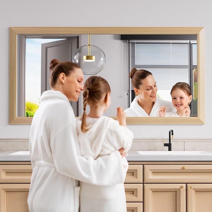 Bathroom Mirror, 60" X30" (Oak Wood Grain) | Metal Frame Mirror for Wall, HD Reflection, Anti-Rust, Horizontally/Vertically, Suitable for Bathroom, Farmhouse, Entryway