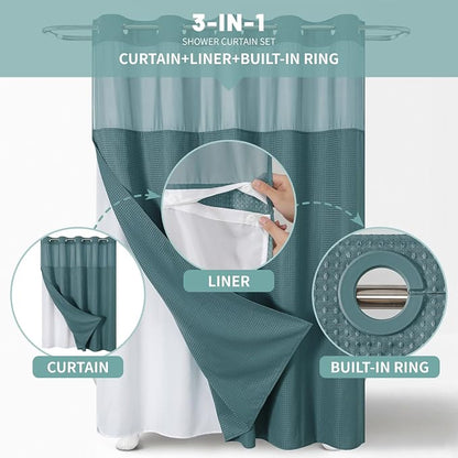 No Hook Waffle Shower Curtain with Snap-in Liner, 71x74 Inch, Seaweed Green | 230 GSM waffle weave fabric, waterproof liner set with 2 bottom magnets, mesh top window, washable, for bathroom or hotel use