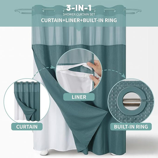 No Hook Waffle Shower Curtain with Snap-in Liner, 71x77 Inch, Seaweed Green | 230 GSM waffle weave fabric, waterproof liner set with 2 bottom magnets, mesh top window, washable, for bathroom or hotel use
