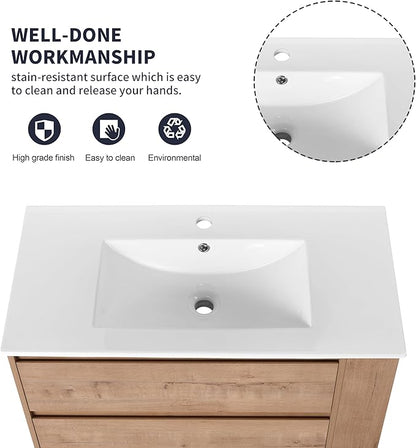 Henf 36" Wall Mounted Bathroom Vanity with Ceramic Sink, Modern Floating Oak Bathroom Vanity Cabinet with 2 Soft Close Drawers & Open Storage Shelf